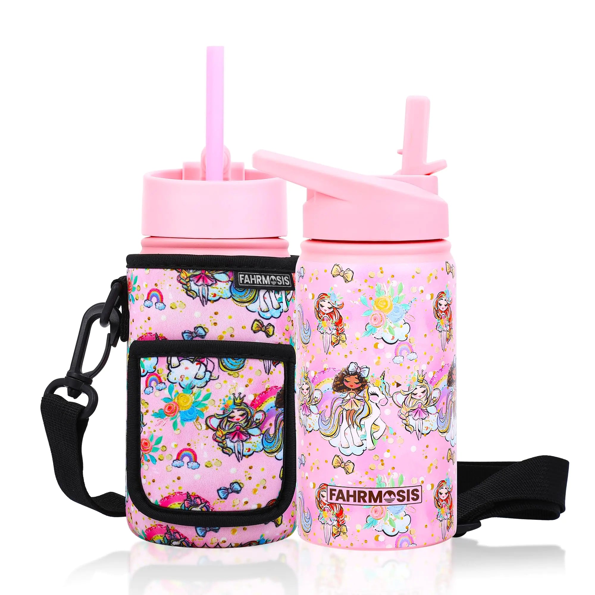 FAHRMOSIS 14 OZ Water Bottle with Strap & 2 Lids (Flip & Straw) Stainless Steel Water Bottles Leakproof Water Bottle for School & Sports Water Bottle - Pink (Princess)